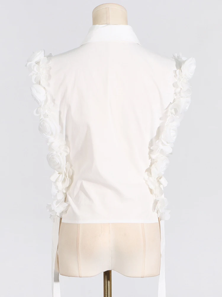 GALCAUR Solid Patchwork Appliques Shirts For Women Lapel Sleeveless Hollow Out Spliced Single Breasted Slimming Blouse Female