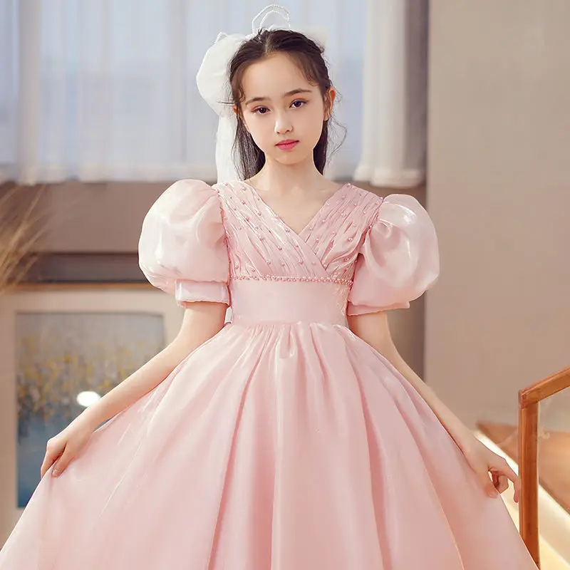 

Girls Piano Performance Dress Children Summer V-neck Short Sleeve Party Gown Vestidos Teenager Kids Elegant Evening Dresses K106