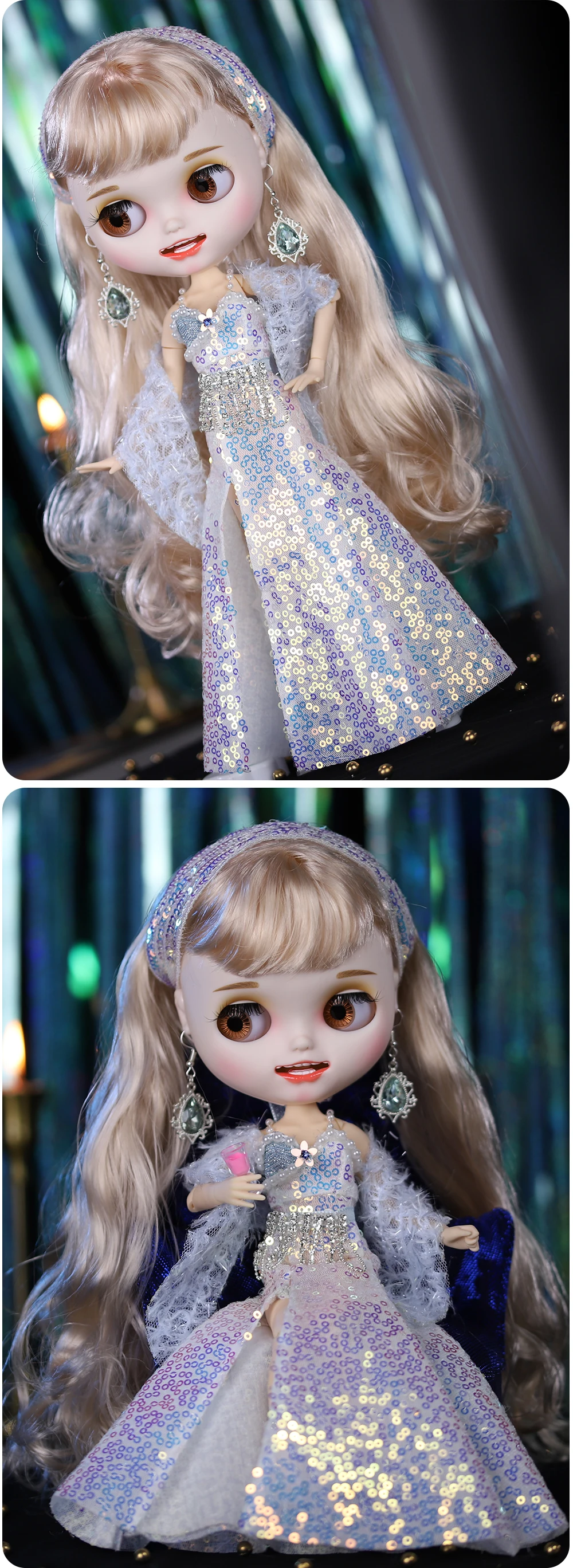 Neo Blythe Doll Shiny Bowl Dress with Earrings & Head Dress 3