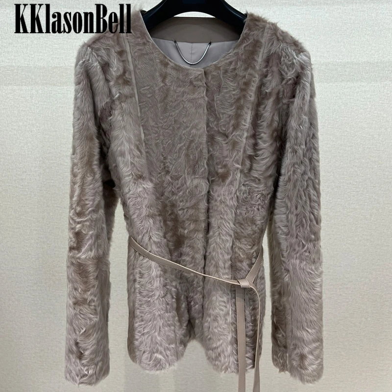 

12.13 KKlasonBell Elegant Round Neck Hidden Breasted With Belt Mongolia Sheep Fur Real Fur Jacket Women