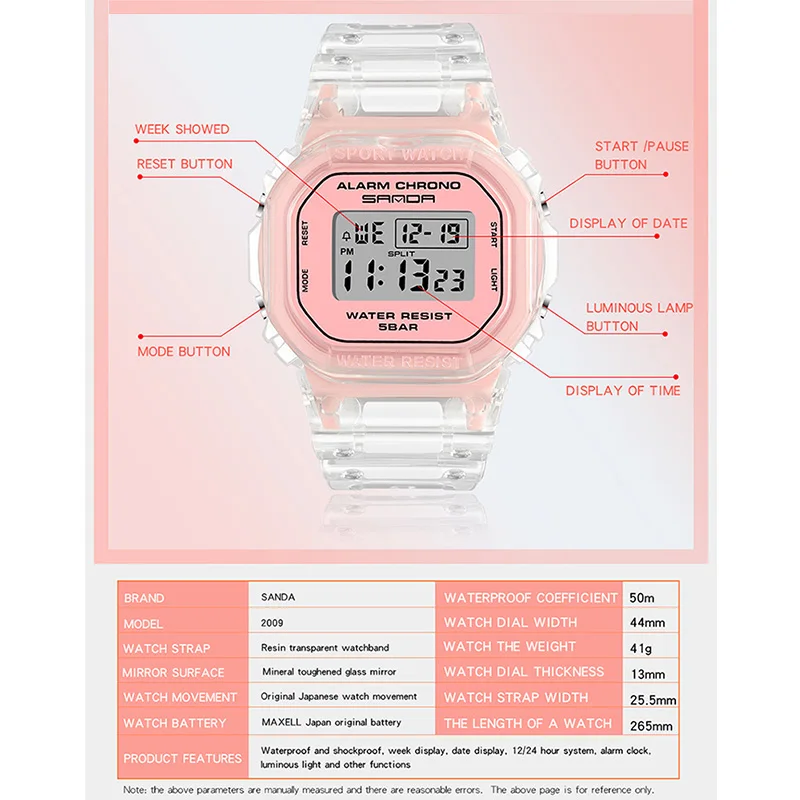 SANDA White Fashion Sport Watch Lover's Gift Transparent strap LED Digital Men Clock Ladies Electronic Watch Reloj Mujer 2009
