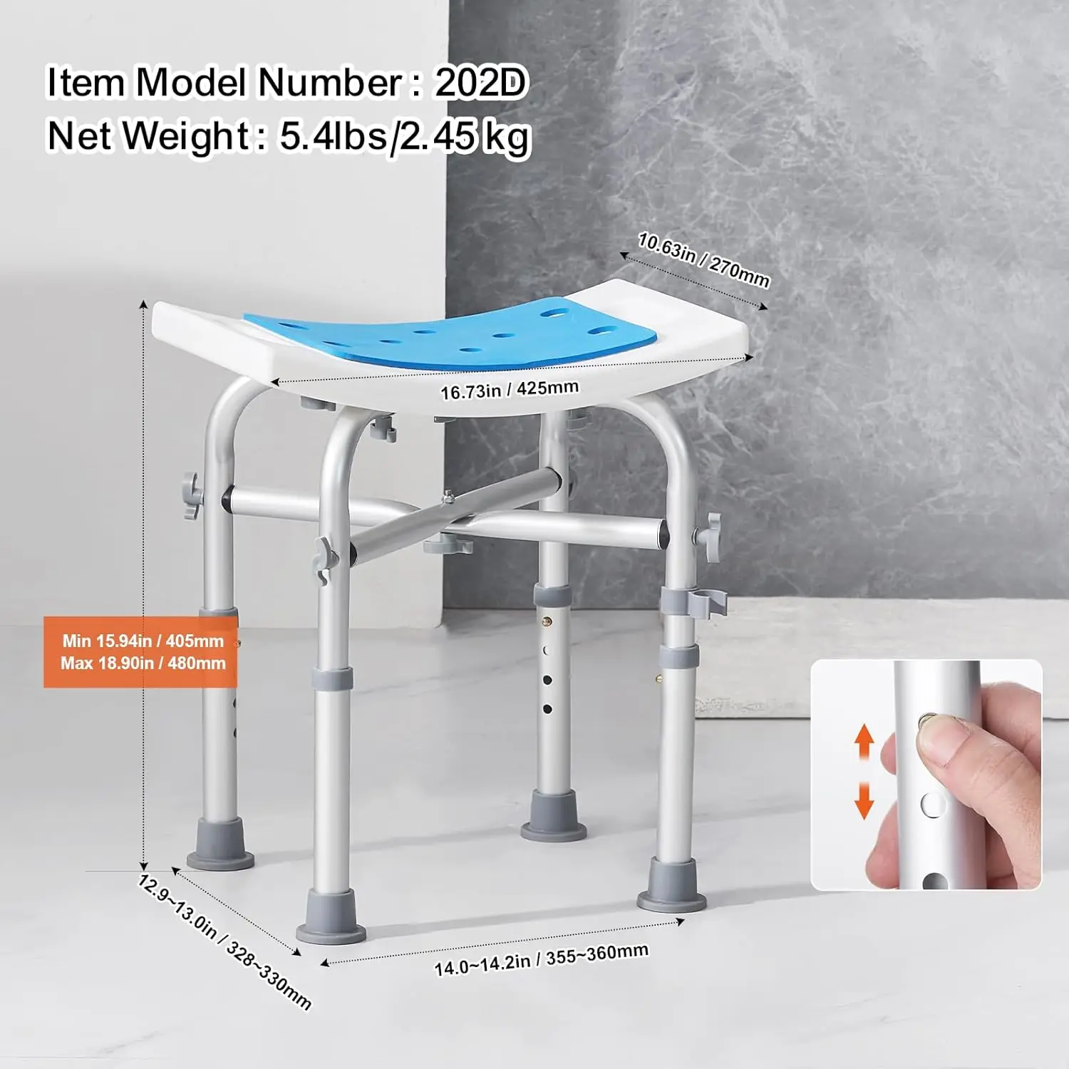 Shower Chair for Inside Shower, Adjustable Height Stool with Crossbar Support, Shower Seat for Shower, Tub, Non-Slip Bench 6