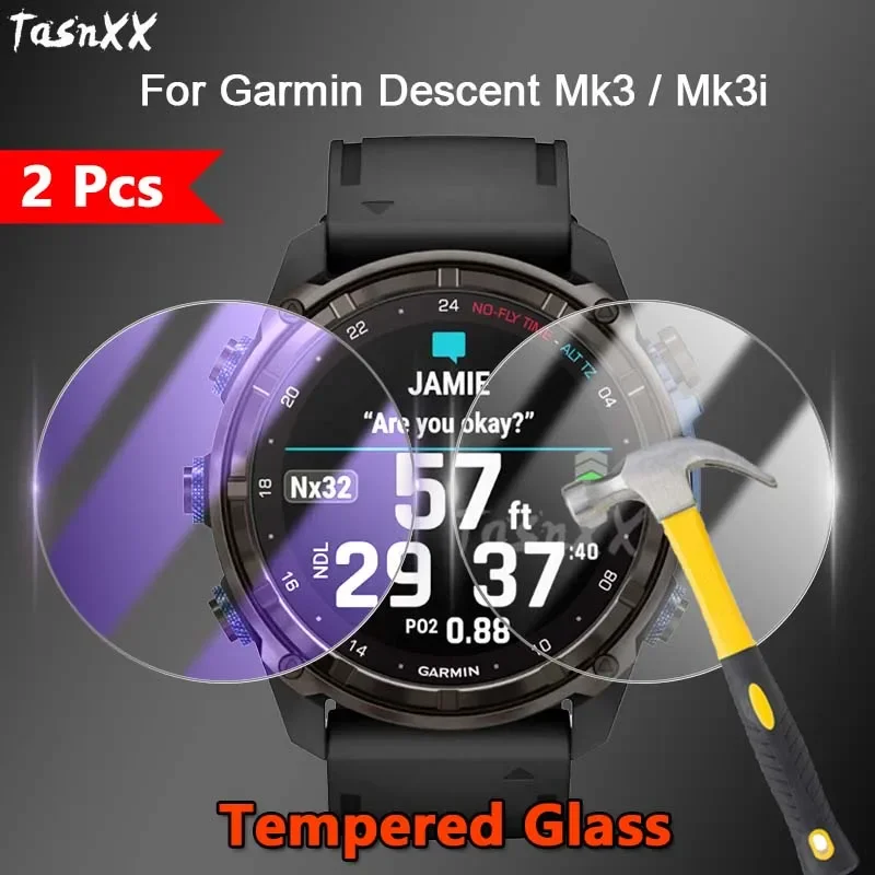 

2Pcs For Garmin Descent Mk3 Mk3i Smart Watch 2.5D Ultra Slim Clear / Anti Purple Light 9H Tempered Glass Screen Protector Film