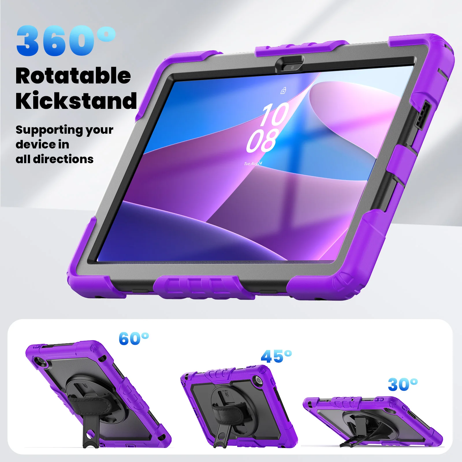 Rugged Armor Tablet Case with Screen Protector and Rotating Stand - Heavy Duty Cover with Shoulder Strap