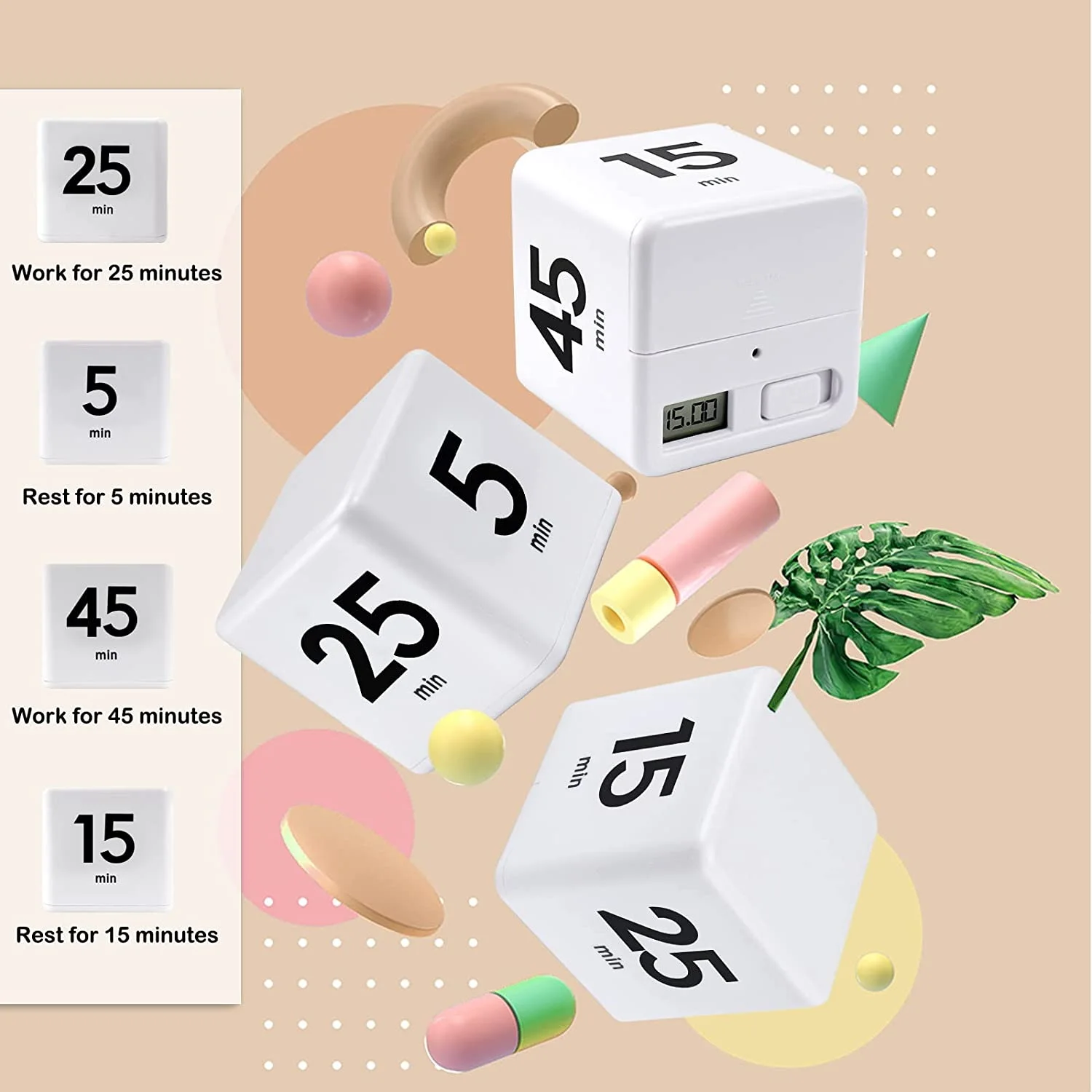 큐브 타이머 주방 타이머 시간 관리 타이머, 시간 관리 및 카운트다운용 중력 센서 플립 25-5-45-15 분