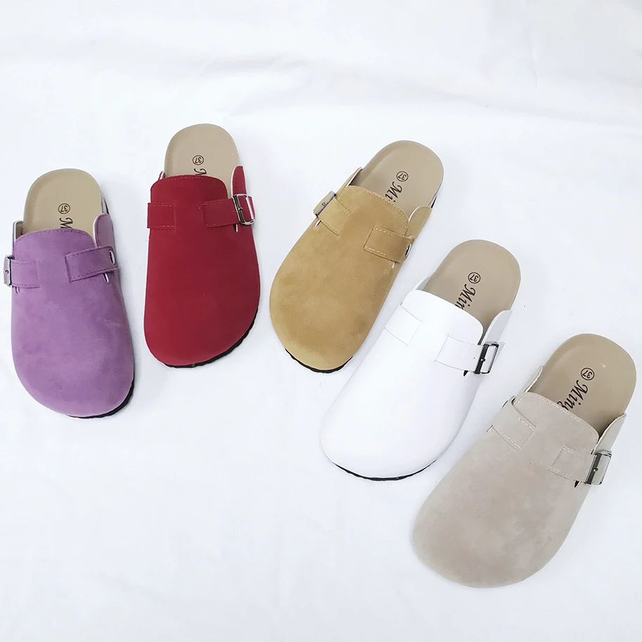 

New Men Buckle Nubuck/PU Leather Cork Slipper Casual Women Shoes Lovers Solid Color Beach Outside Non-slip Closed Toe Slides 44