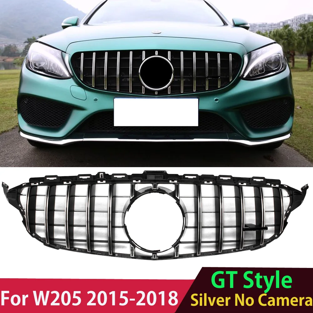

Silver & Black No Camera GT Style Panamericana Grille Grill for Mercedes C class W205 Sport C180 C200C300 C400C43 2015-2018
