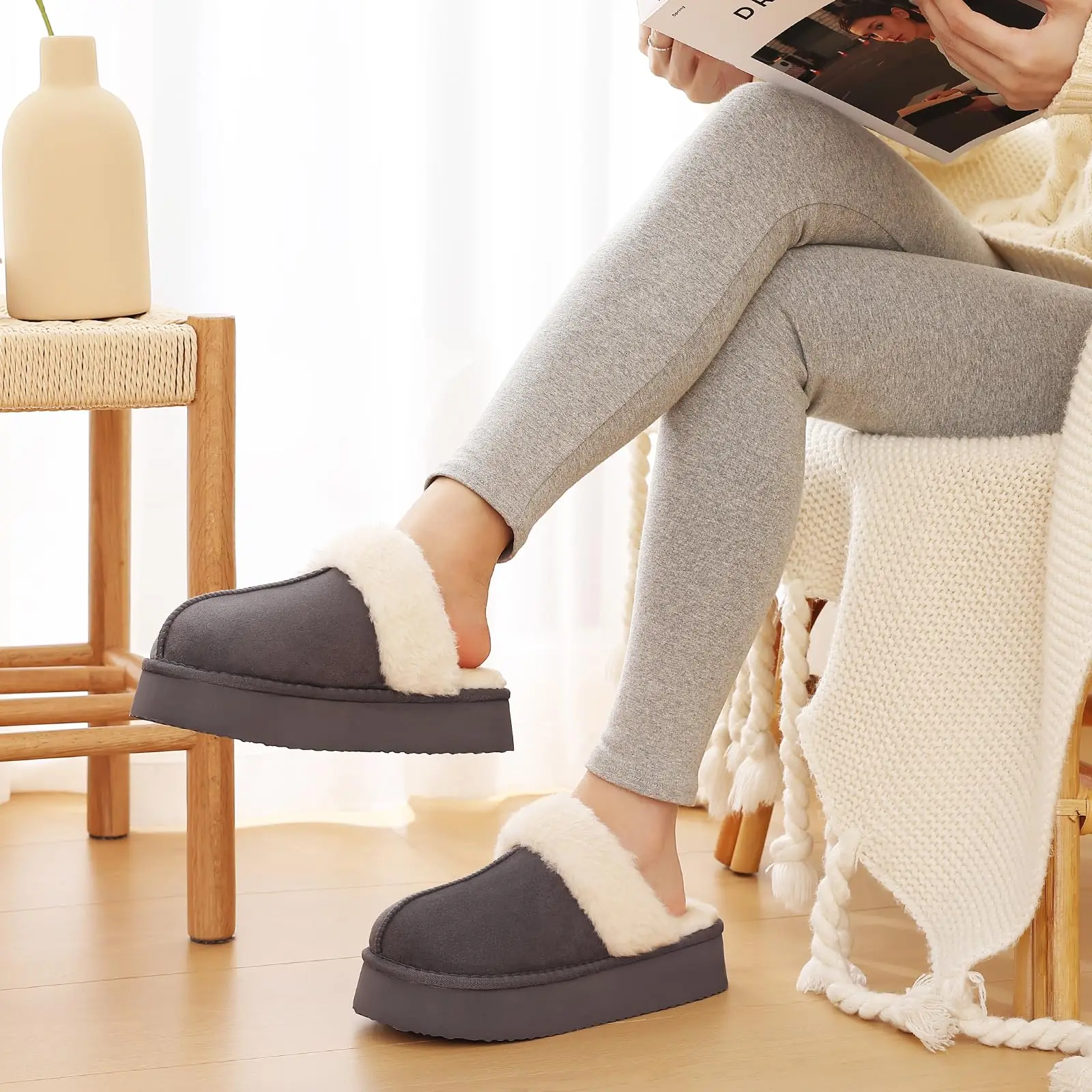 Shevalues Winter Fuzzy Women Slippers Fashion Fur Slippers Soft Thick Sole House Outdoor Anti-Slip Fluffy Furry Slipper