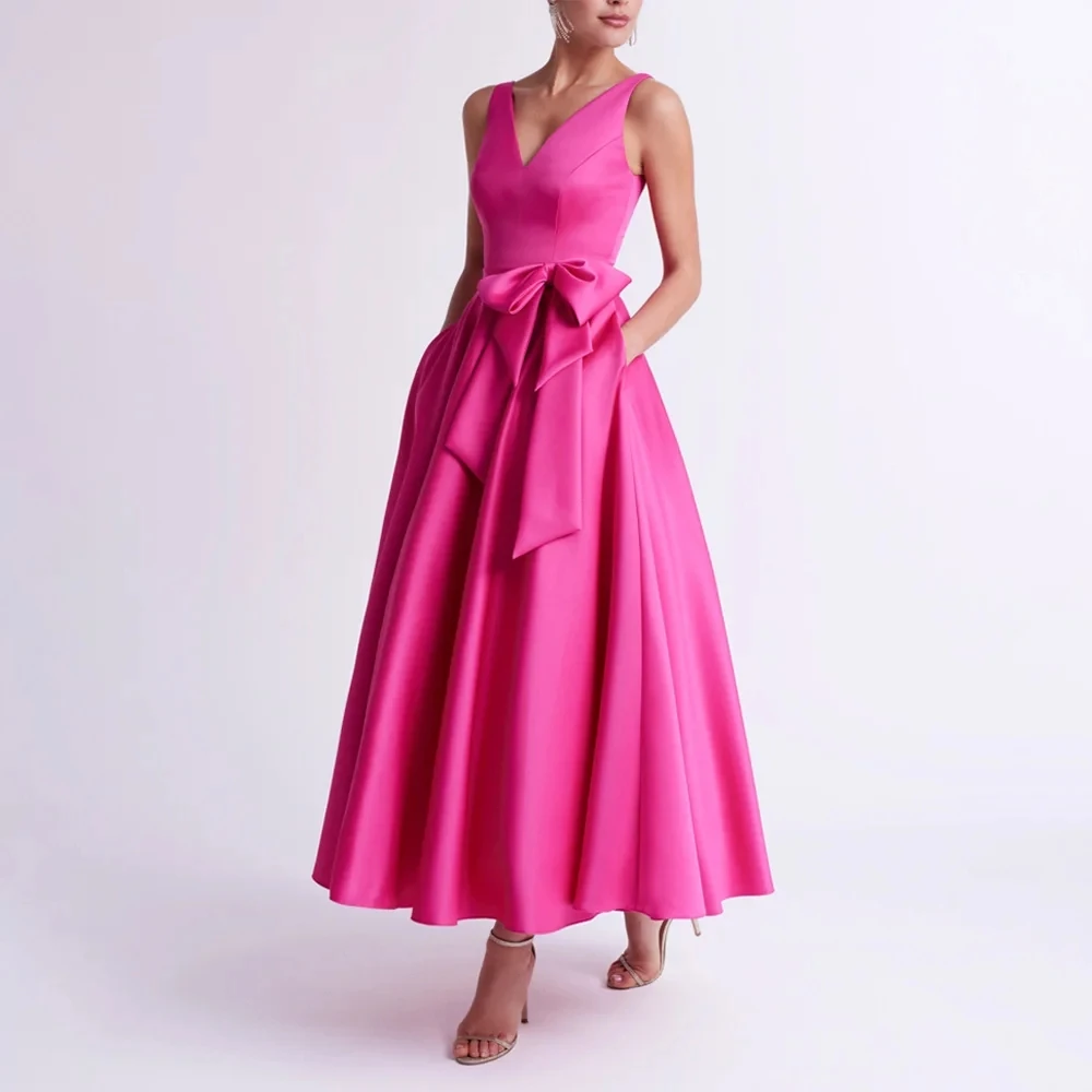 

OTHRAY Wedding Guest Gowns for Women Satin V Neck A Line Mother of the Bride Dress Bow Pockets Formal Evening Party 2024