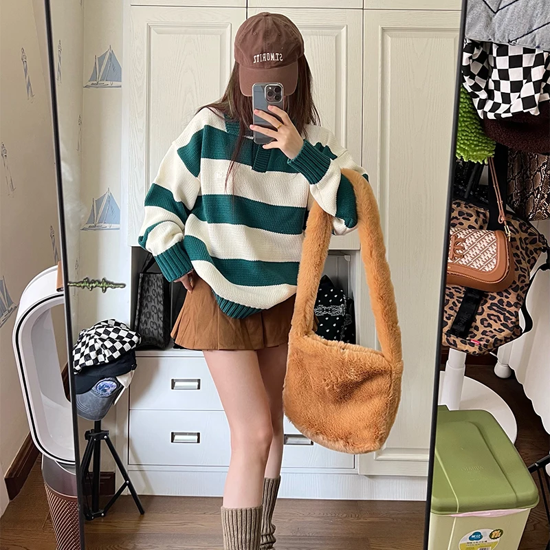 2000s Y2k Hot Girls Candy Color Rose Pink Plush Crossbody Shoulder Bag Women Winter Harajuku Street Fashion Faux Rabbit Fur Bags