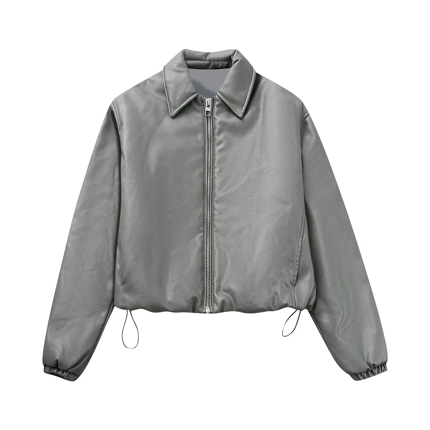 

TRAF Leather Bomber Jacket Woman 2023 Vintage Lapel Elastic Hem Zip-Up Coat Women's Long Sleeve Jackets Winter New In Outwears