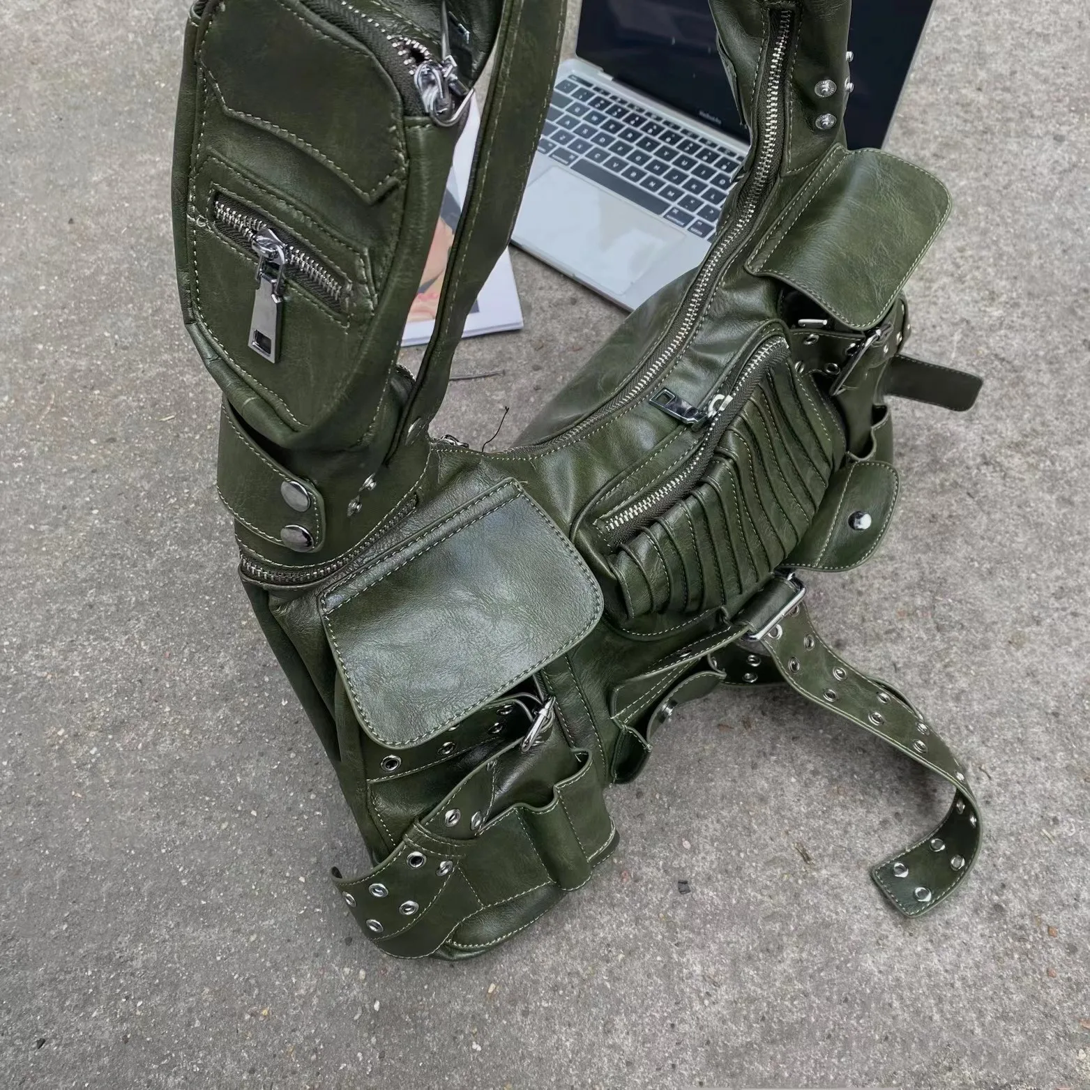 NEW Leather One Shoulder Bag For Women Fashion 2023 New Trendy Double Pockets Patchwork Rivet Underarm Bags Female