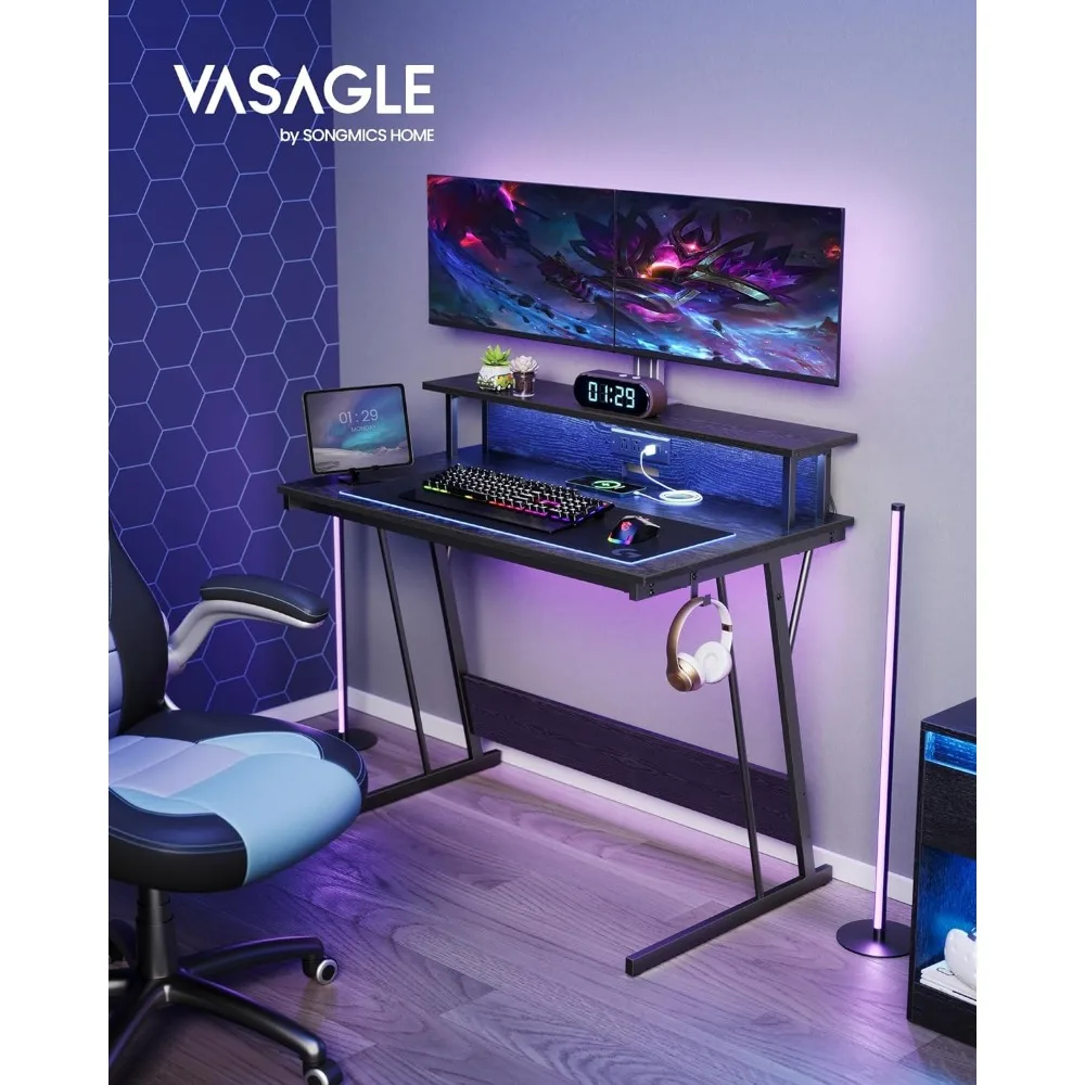 LED Gaming Desk with Power Outlets, Computer Desk with USB Ports, Office Desk with Monitor Stand for 2 Monitors, with Hooks