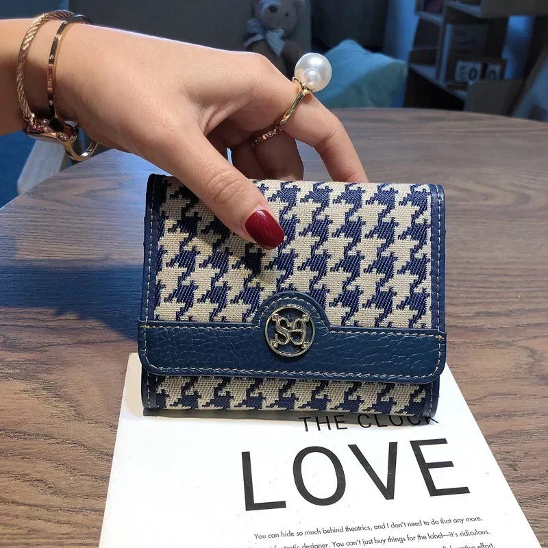 

Women Canvas Genuine Cow Leather Short Wallet Card Holder Fashion Money Clip Coin Purse Money Clip Houndstooth Small Wallet 7Z