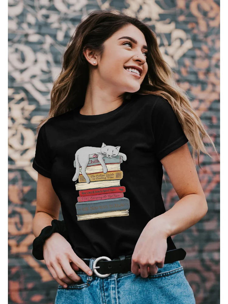Sleeping Cat and Book Graphic Tees 