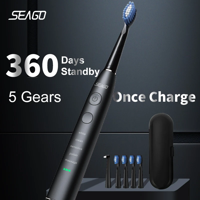 Seago-escova de dentes sônica elétrica para adulto, usb recarregável, com 4 cabeças de substituição, bateria de longa duração, presente, sg-575