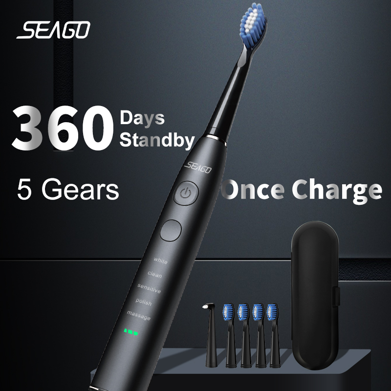  Seago Electric Sonic Toothbrush USB Rechargeable Adult 360 Days Long Battery Life with 4 Replacement Heads Gift SG-575 