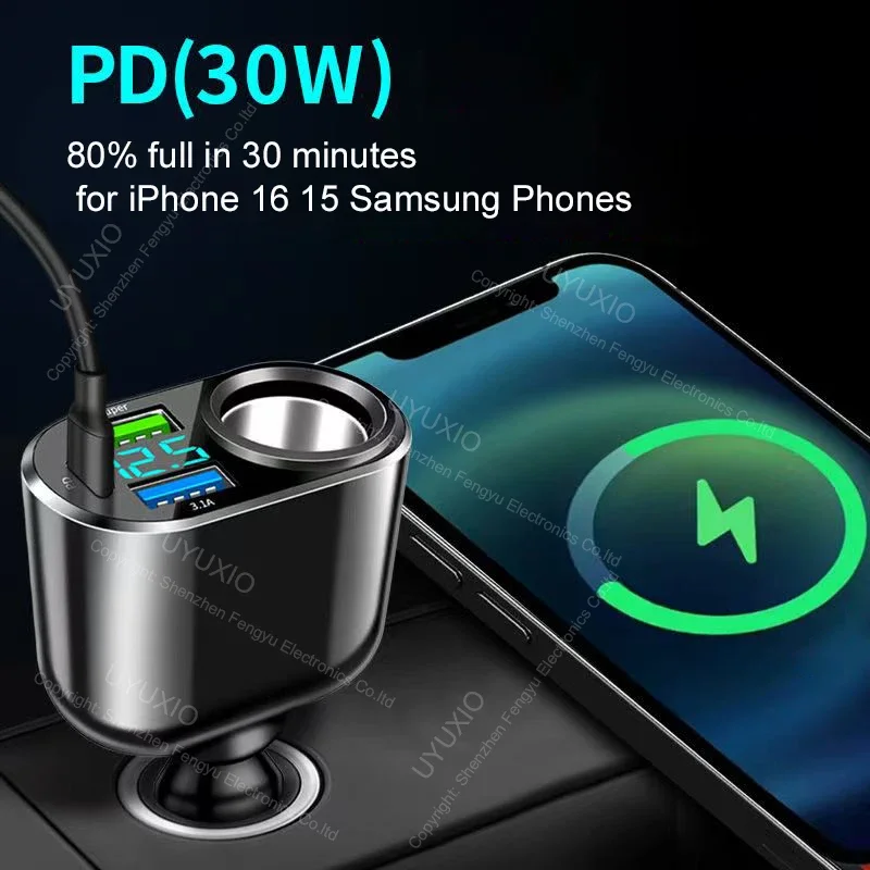 UYUXIO Multi Port USB C Car Phone Charger PD 30W with Voltage Display Extend Port Super Fast Charge Adapter for iPhone Samsung