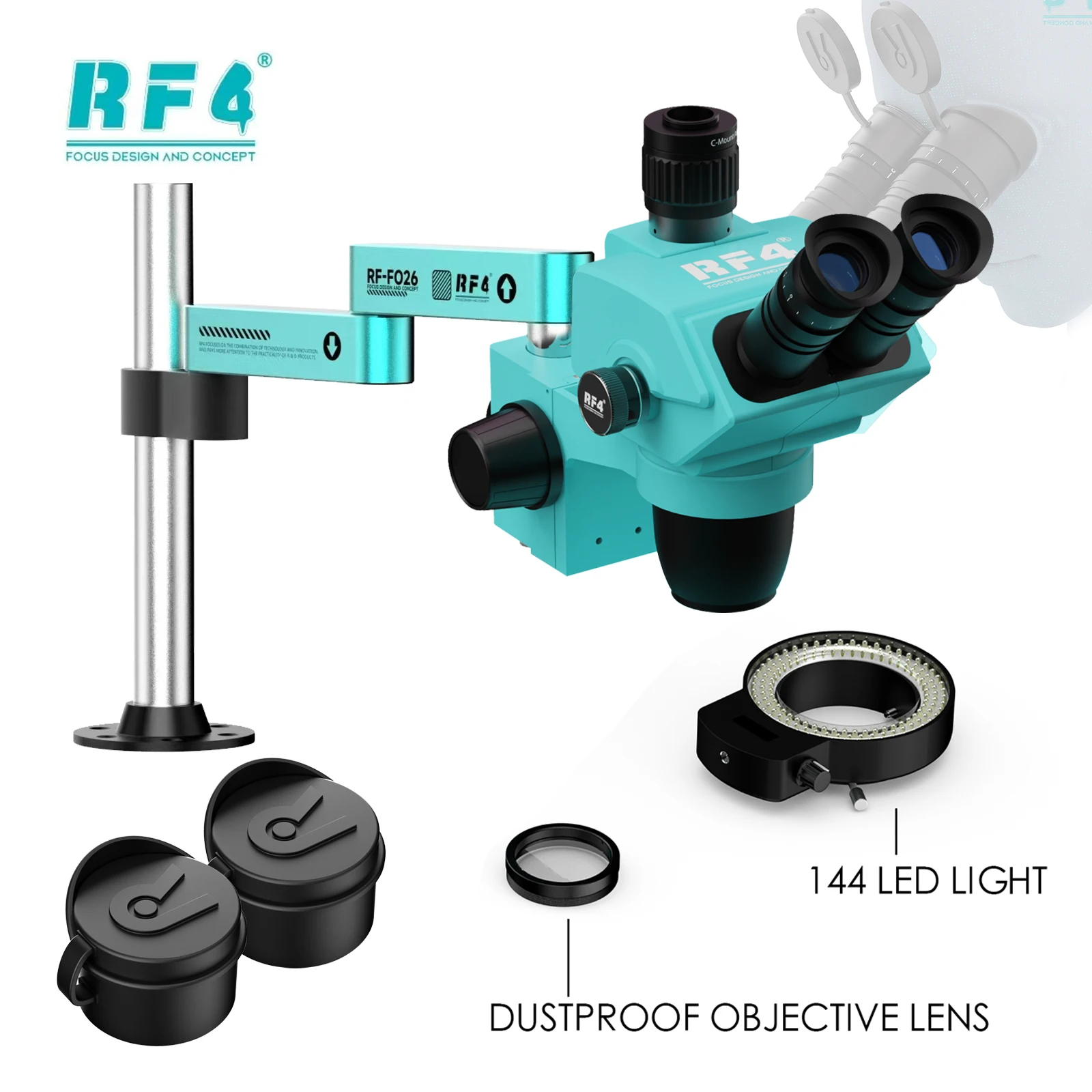 RF-6565PRO-FO26 6.5-65배 정밀 잠금 확대 줌 360 °   회전 조절식 스윙 암 범용 실체 현미경
