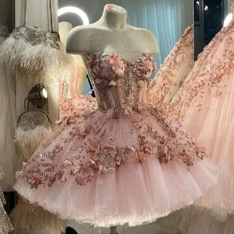 MANRAY Fluffy Baby Pink Tulle Strapless Quinceanera Dresses Ball Gown 2023 Evening Dress Prom Dresses 3D Floral Pattern Custom