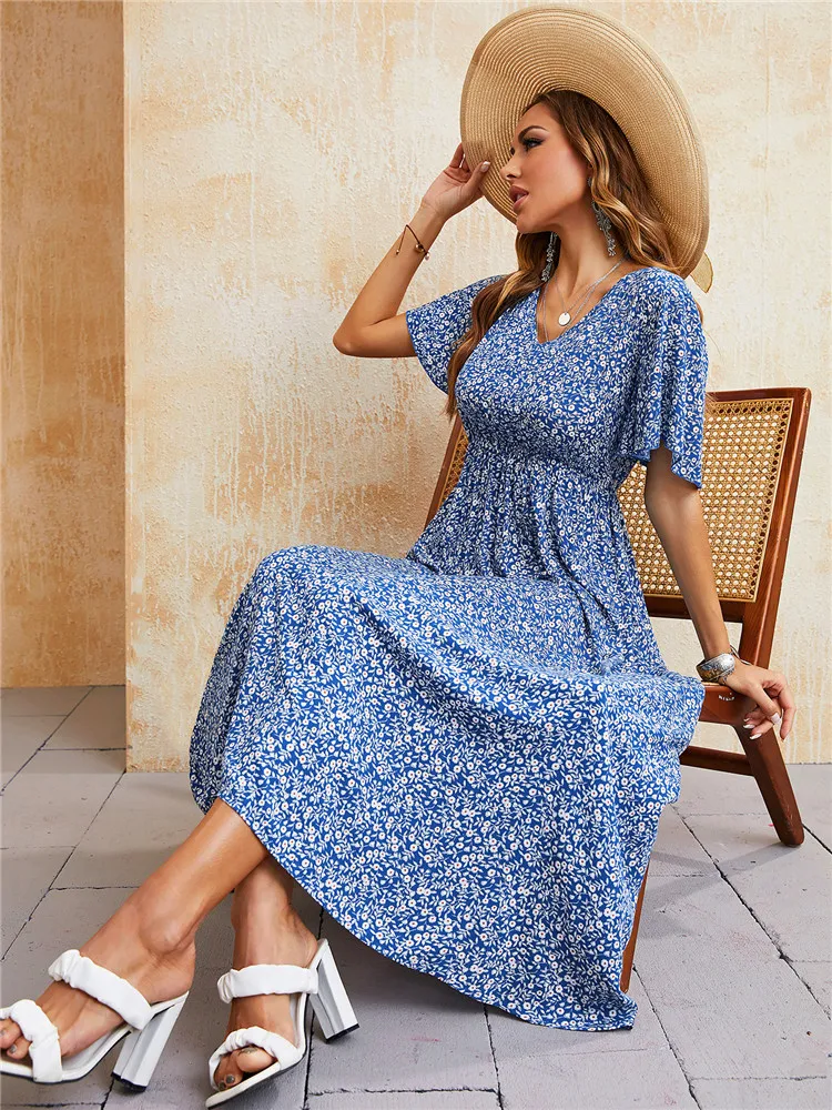 thumbnail image 2 of Women O Neck Sleeveless Sexy Floral Print Dress Summer Pleated Pockets Casual Dress Vintage Loose Beach Sundresses Yellow 2 of 10