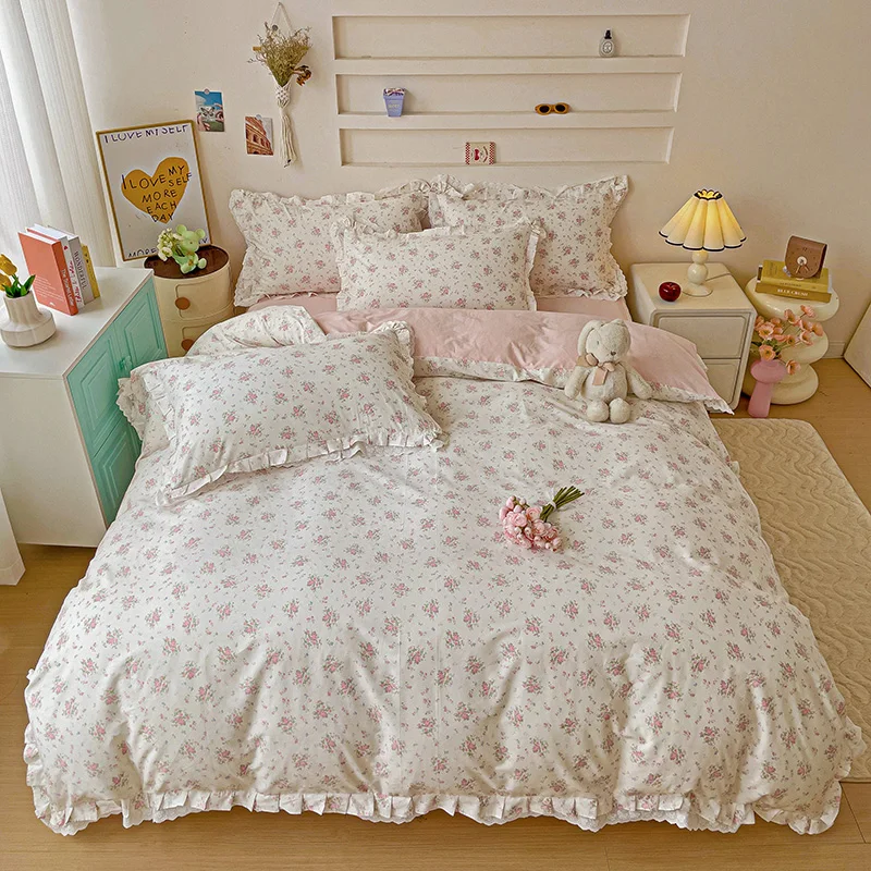 3/4Pcs Pastoral Floral Lace Ruffles 100% Cotton Bedding Set Single Queen Duvet Cover Bed Skirt/Bed Sheet/Fitted Sheet Pillowcase 2
