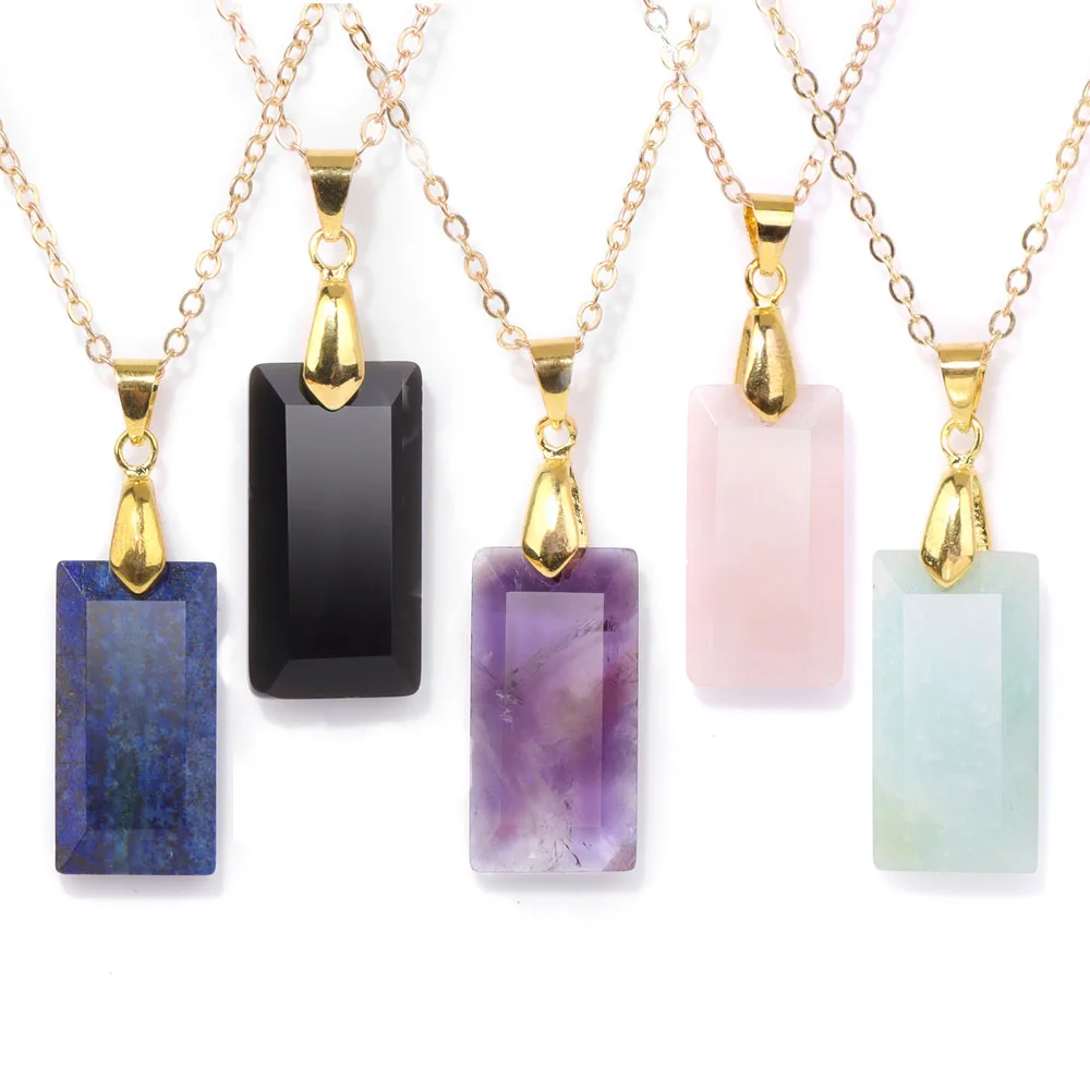 Square Natural Stone Pendant Necklaces For Women Men Obsidian
