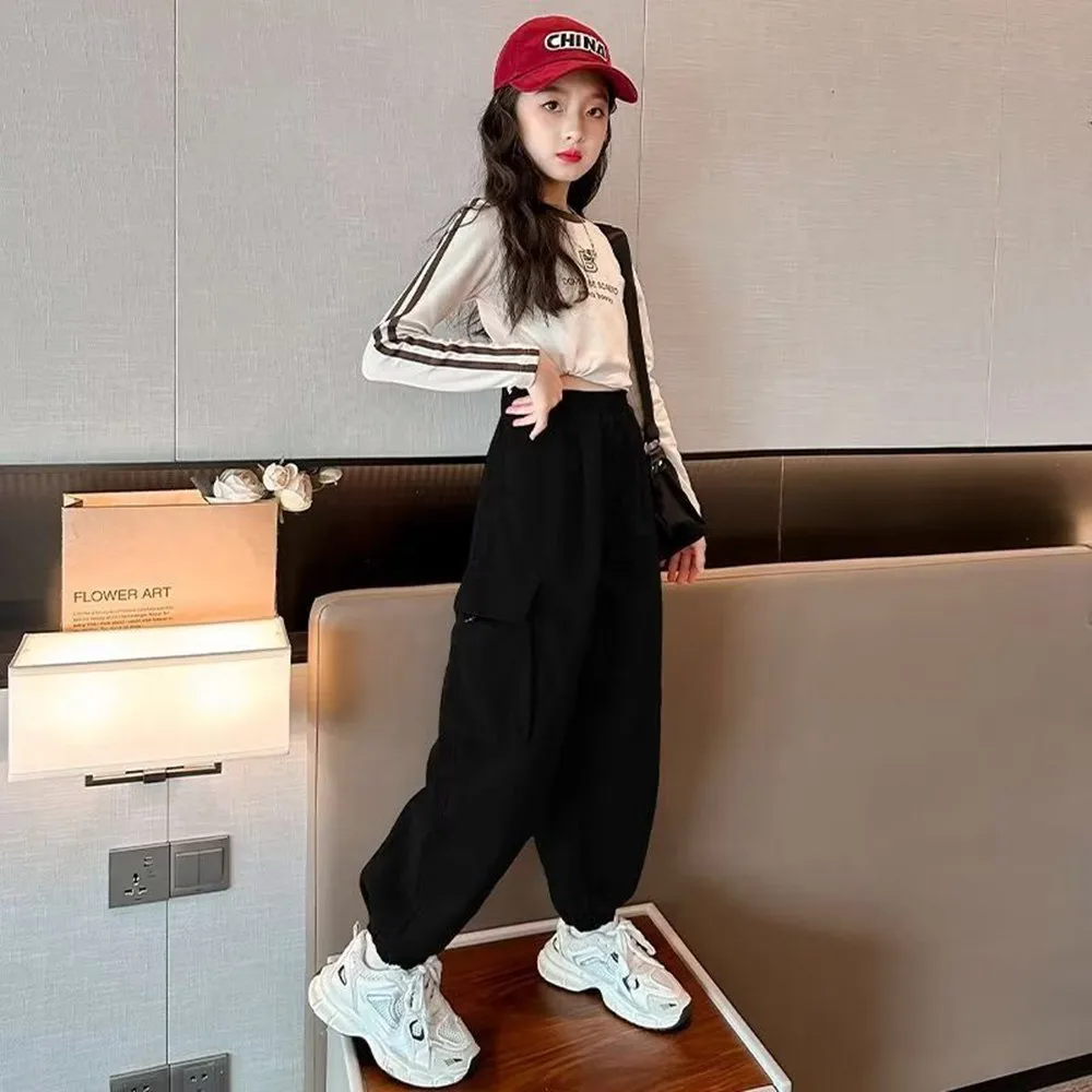 2023 Summer Kids Pants Ankle Length Elastic Waist Loose Cargo Style Cotton  New Korean Sweet Fashion Casual Designable Girls - AliExpress