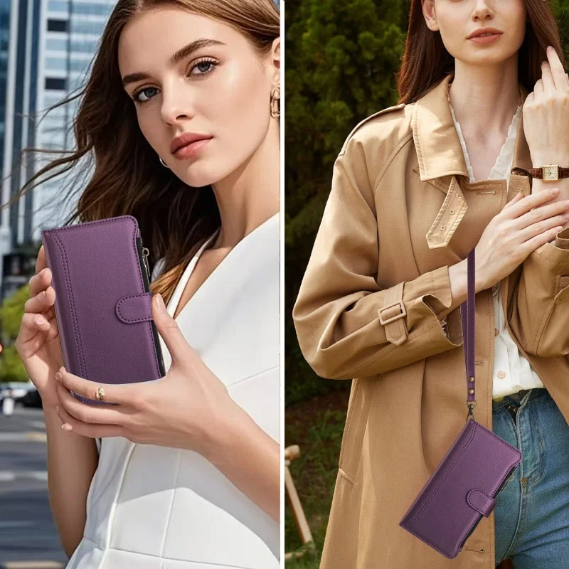 Leather Zipper Wallet Phone Case with Wrist Strap and Card Holder