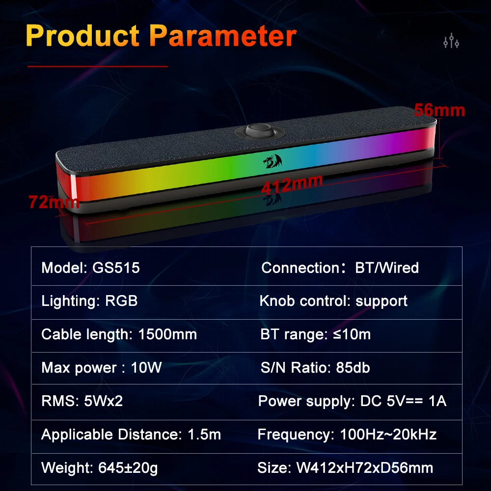 REDRAGON NEO GS515 RGB 데스크탑 사운드바 2.0 채널 스테레오 컴퓨터 USB 스피커는 PC용 Bluetooth 무선 스피커를 지원합니다.