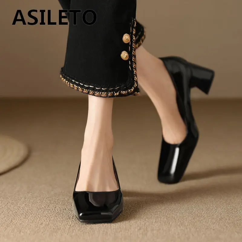 

ASILETO 2023 Women Pumps Patent Leather Square Toe Chunky Heels 6cm Slip On Office Lady Shoes Shallow Elegant Small Size 32 33