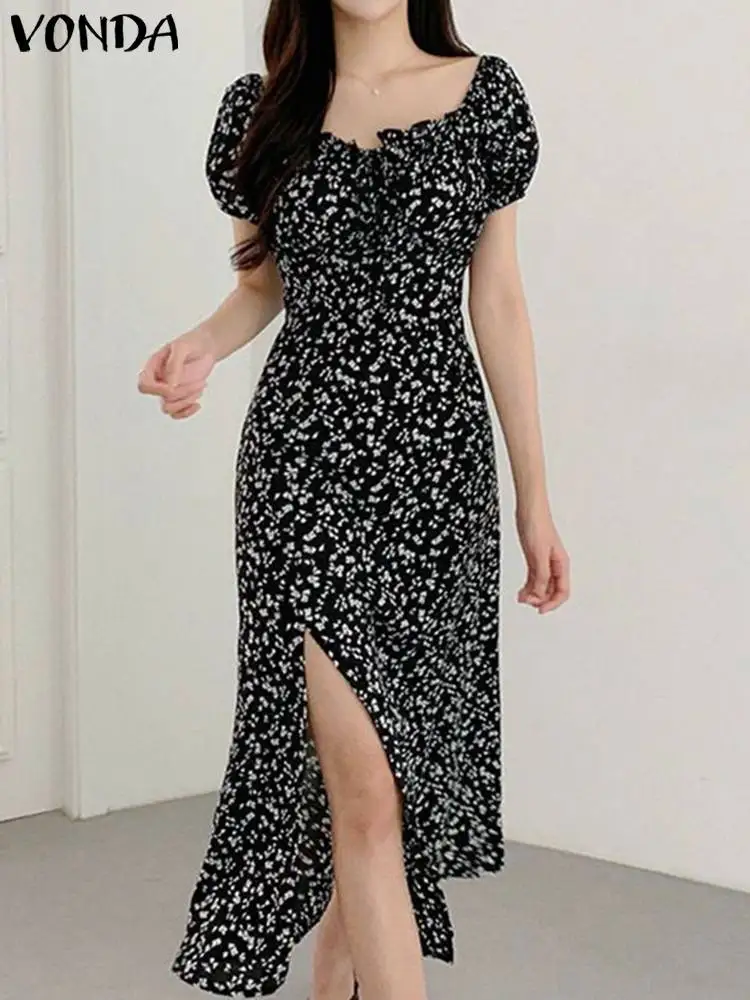 

Summer Women Bohemian Maxi Dress 2023 VONDA Square Collar Short Sleeve Lace Up Floral Printed Slit Sundress Casual Beach Robe