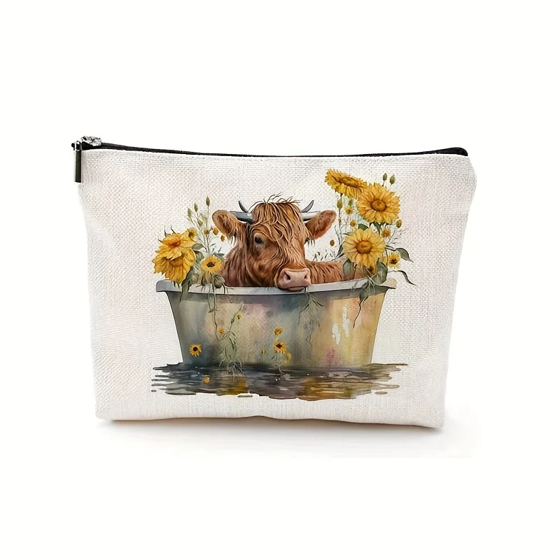 1pc Highland Cow Cosmetic Bag Stylish Floral Design Durable Makeup Organizer Ideal Travel Toiletry Tote Womens Cosmetic Pouch 3