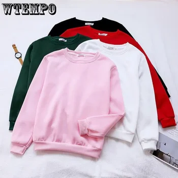WTEMPO 여성용 캐주얼 스웨트셔츠, 솔리드 힙합, 베이직 O넥, 루즈 풀온 재킷, 스트리트웨어, 아웃웨어