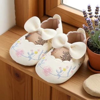 Baby Girls Mary Jane Flats with Bownot Non Slip Soft Sole PU Leather Newborn Infant Toddler First Walker Cirb Dress Shoes 1