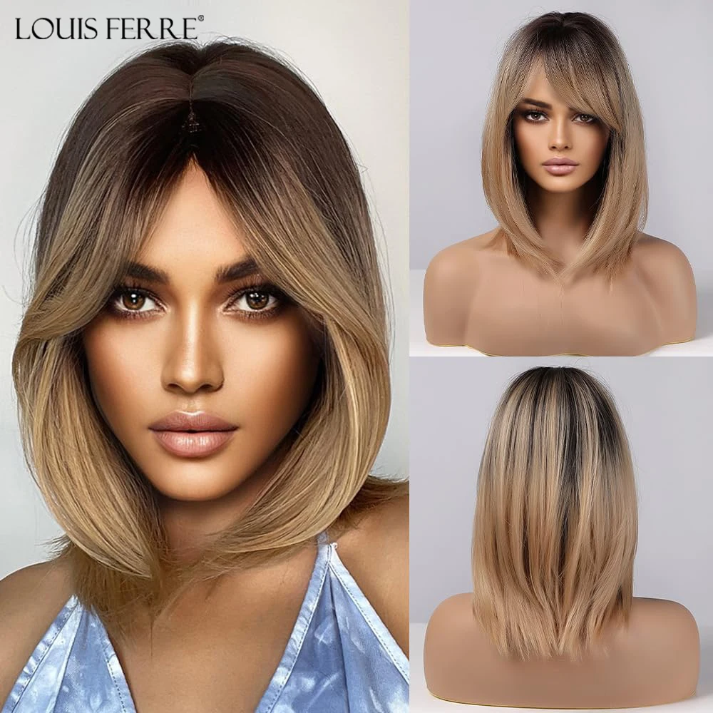 Louis Ferre Medium Straight Black Brown Golden Ombre Parrucche Sintetiche Per Le Donne Parrucca Cosplay Bobo Con Frangia Fibra Resistente Al Calore