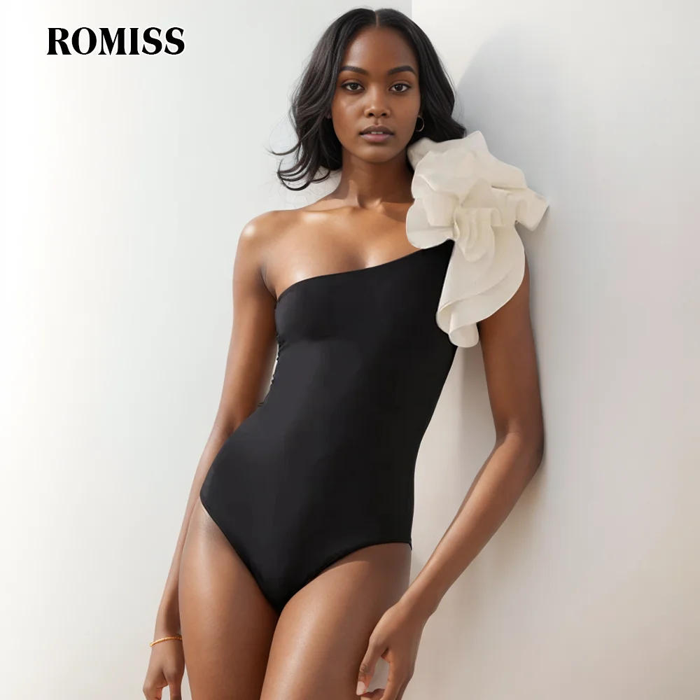 

ROMISS Colorblock Slim Patchwork Appliques Sexy Bodysuits For Women Diagonal Collar Sleeveless High Waist Bodysuit Female