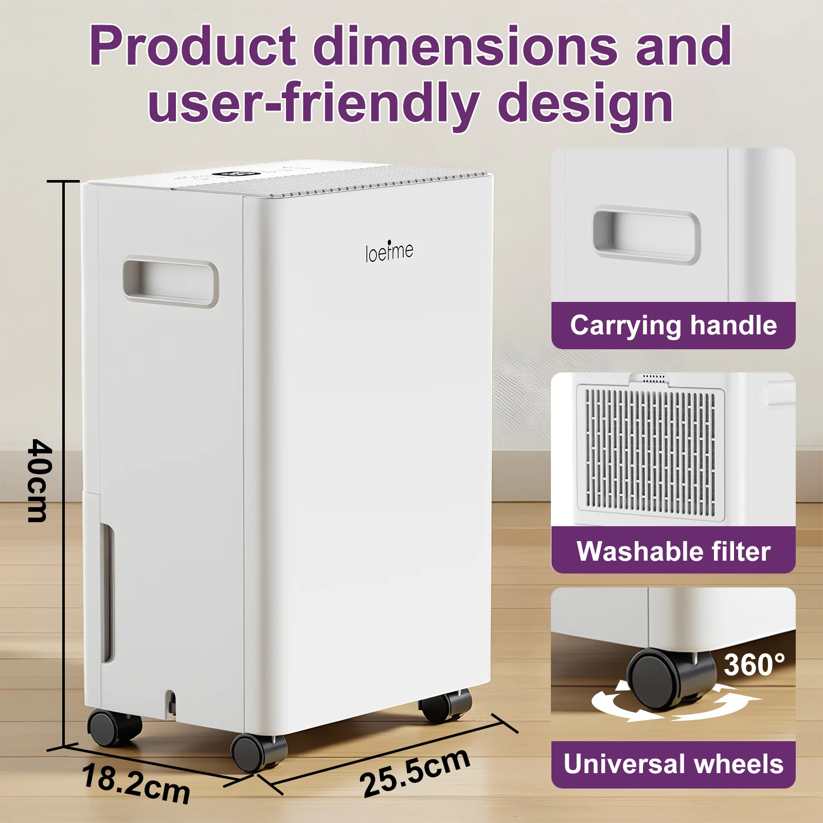 Déshumidificateur LOEFME 10L avec capteur d'humidité automatique, minuterie 24H, 3 modes pour la maison, affichage numérique à drainage continu, mode sèche-linge 5