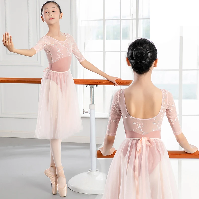 

Women Pink Embroidered Dance Leotards Middle Sleeve Ballet Splicing Leotards Adult Ballet Practice Dance Gymnastics Leotards
