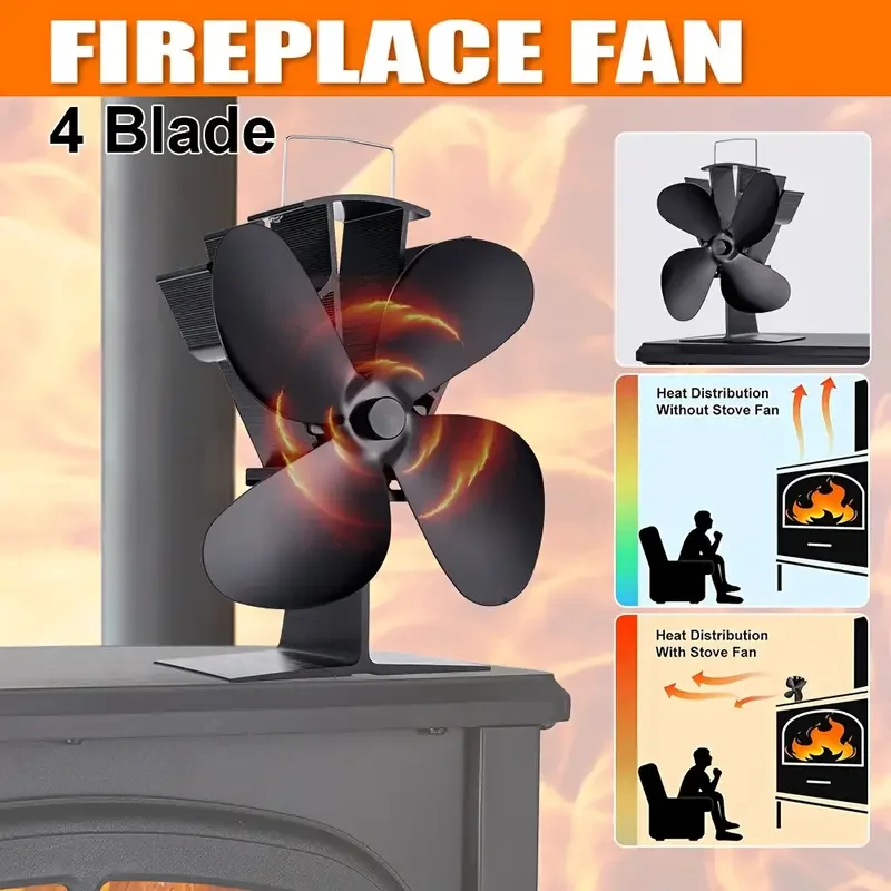 Wood Stove Fan Thermal Powered Silent Motor 4 Blade Non-Electric Thermal Activated Fireplace Fan with Stand and Thermometer