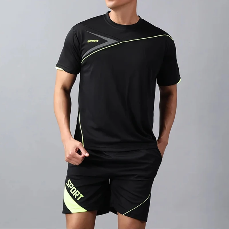 Summer Fitness Quick Drying Running Casual Sports Set Men's Round Neck Letter Short Sleeved T-shirt Elastic Waist Loose Shorts
