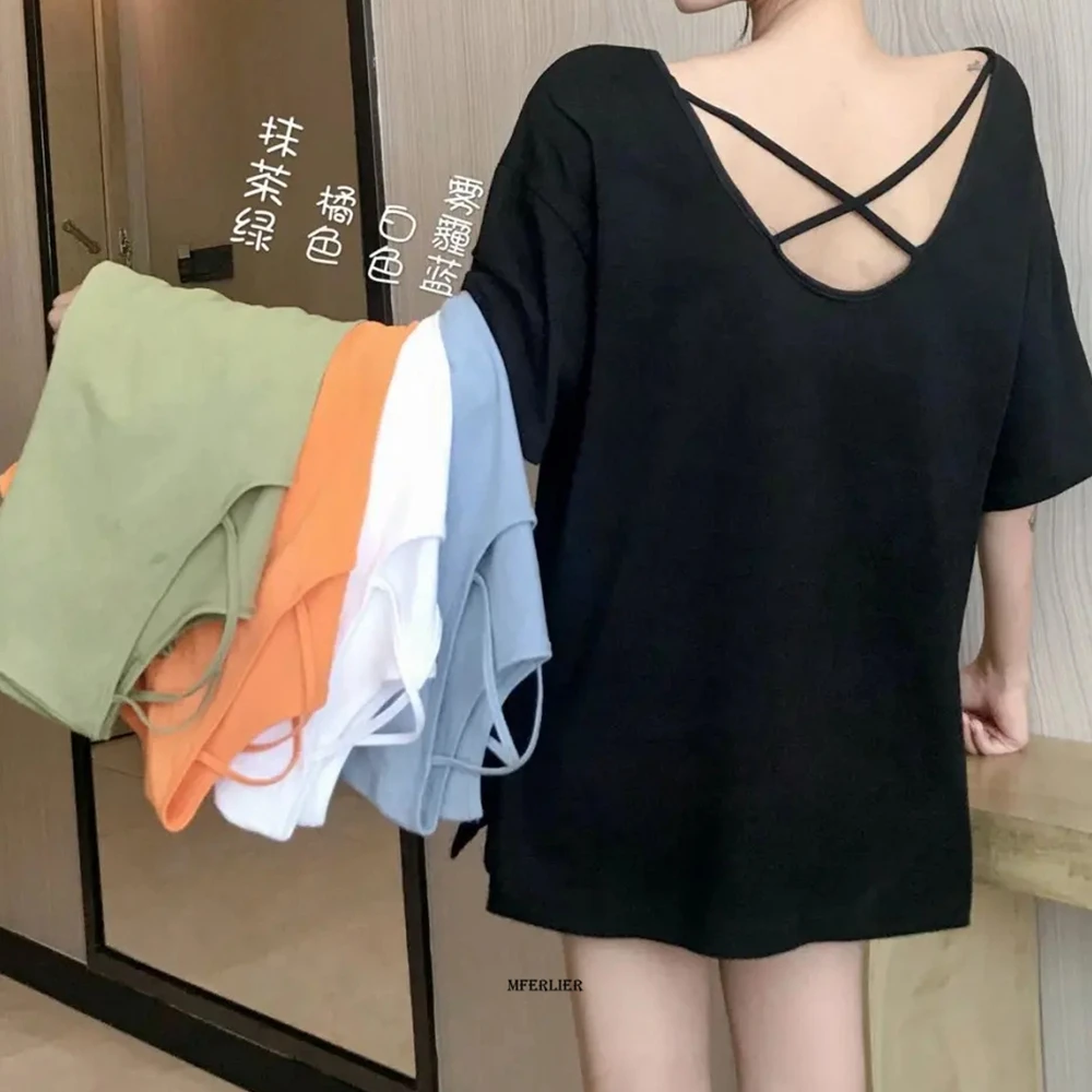 Plus Size 6XL 150KG TShirt Femme Summer T Shirt Women Backless T shirt Solid Color Short Sleeve T-Shirts korean Style tops white t shirt women