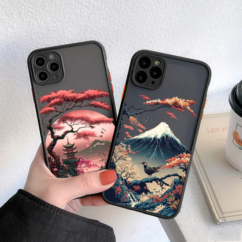 Japanese Aesthetic Mount Fuji Landscape Map Phone Case For iPhone 7 8 Plus 14 13 12 11 15 Pro Max Mini XR XS X Shockproof Cover