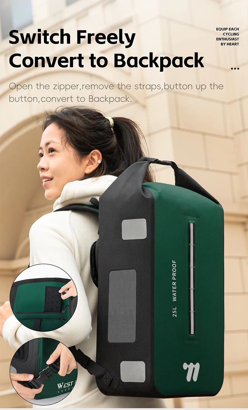 WEST BIKING 25L Multifunctional Cycling Backpack TPU Waterproof Moutain Bike Rear Side Pannier Bag Reflective Bicycle Travel Bag