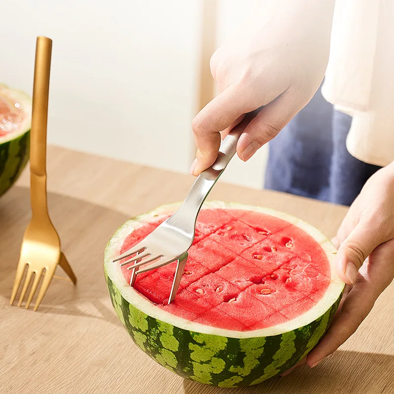 2 In 1 Draagbare Watermeloen Slicer Vork Rvs Multifunctionele Meloen Fruit Divider Cutter Mes Groente Kitchen Tools