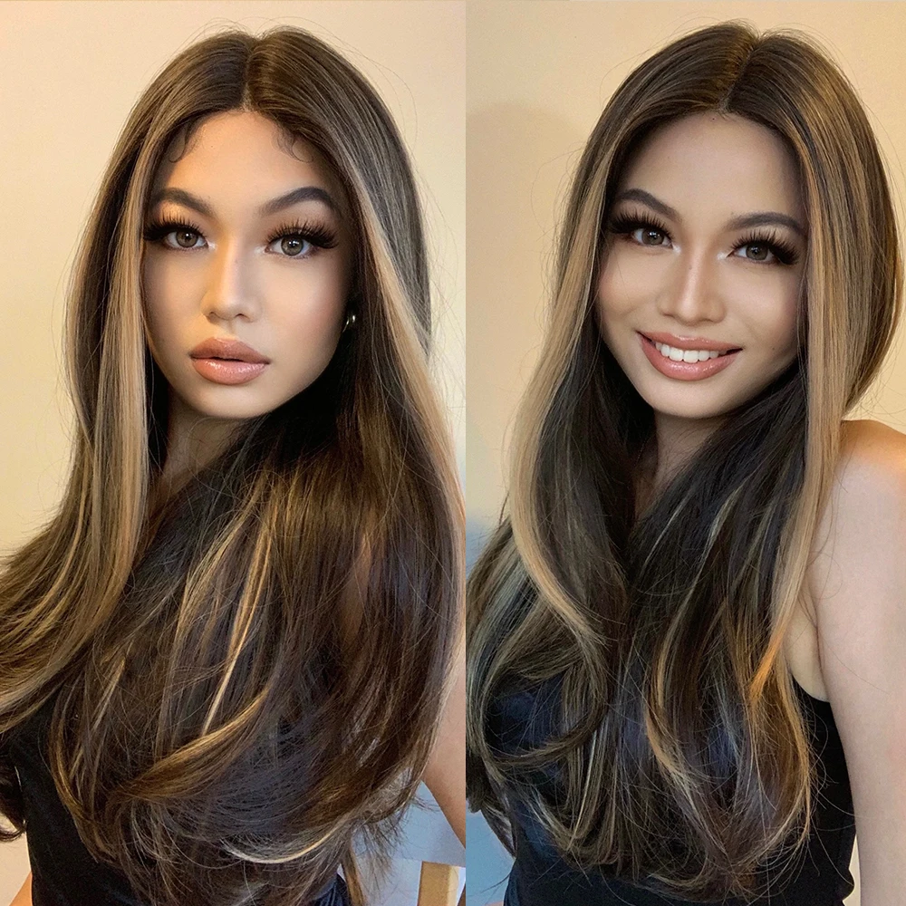 EASIHAIR Long Brown Lace Front Synthetic Natural Hair Wigs Blonde Highlight Lace Frontal Wig for Women Cosplay Wigs High Density synthetic wig