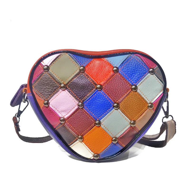 

Women Bag 2022 New Color Matching Heart-Shaped Shoulder Bag Fashion Fashion Stitching Plaid Crossbody Small Bag Genuine Leather