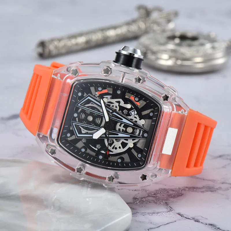 transparent 3-pin Luxury men's high quality diamond quartz watch hollow glass back stainless steel case watch black rubber