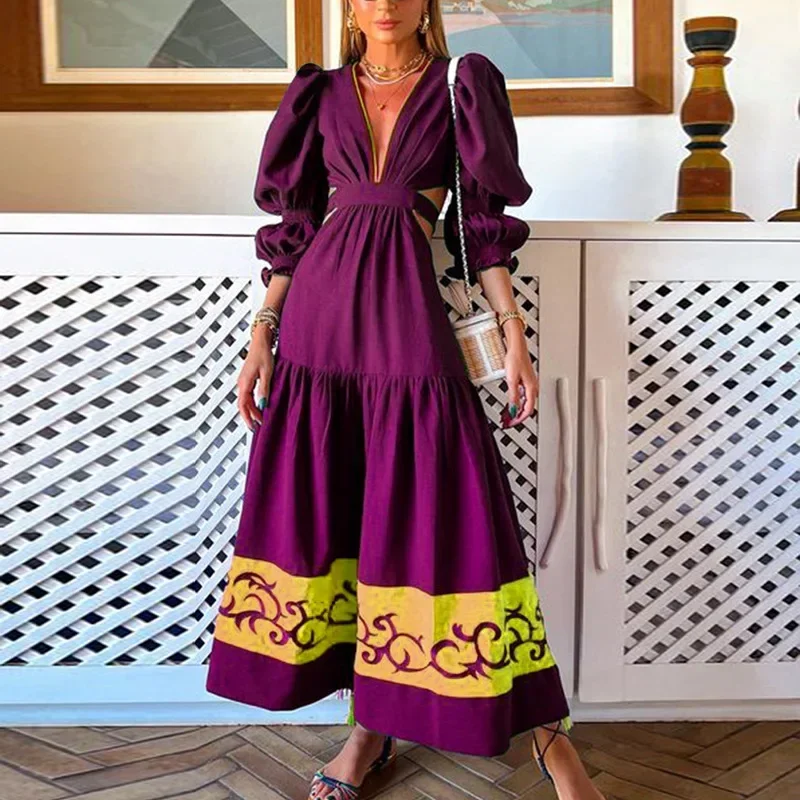 

Spring New Women Boho Party Dress V-Neck Puff Sleeve Dress Elegant Hollow Out Waist Patchwork Pleat Female Vestidos