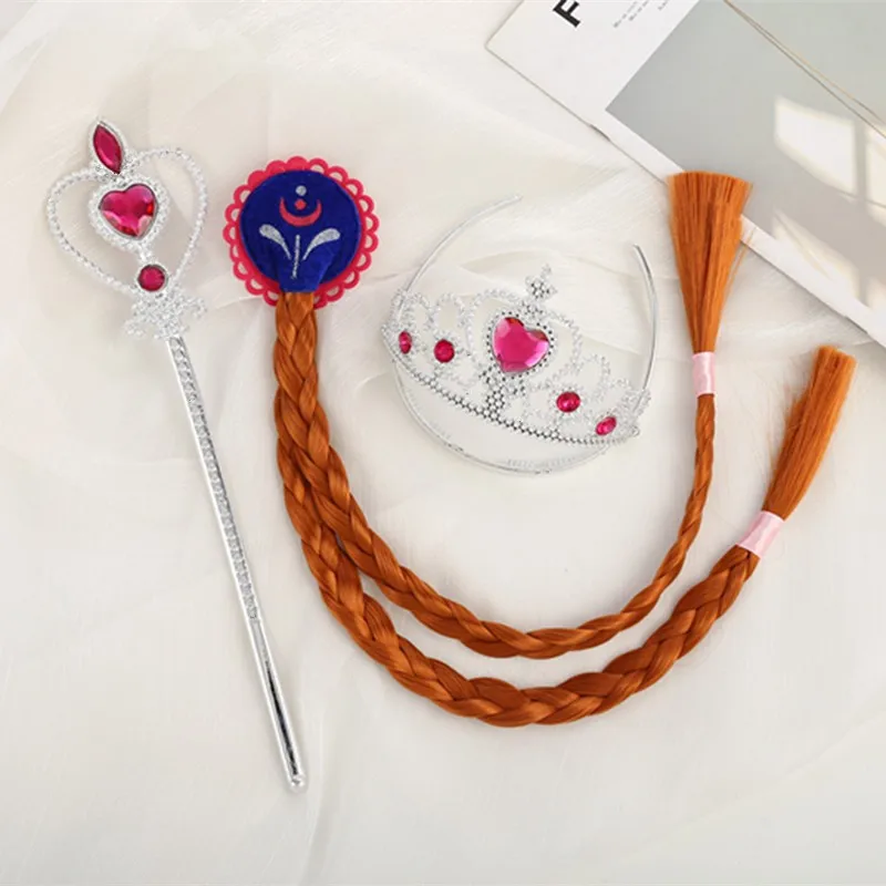 Handmade Kids Princess Wig Braid Cosplay Princess Halloween Party Costumes Accessories Girls Crown Magic stick Children's Gifts